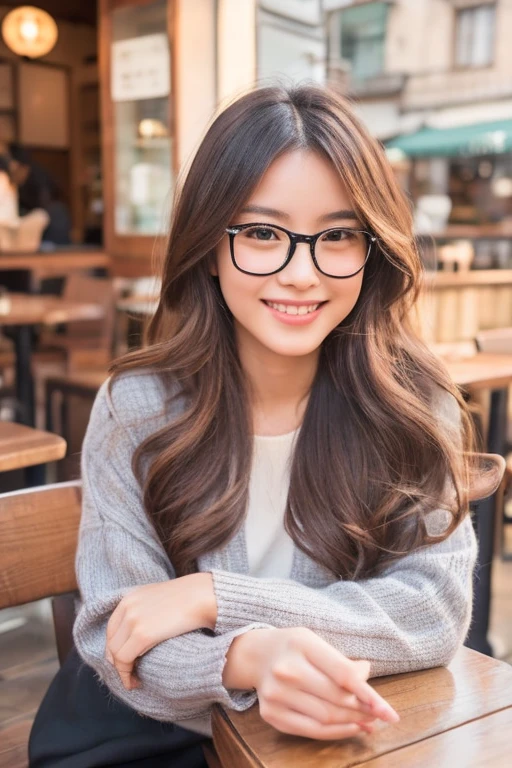 Photorealistic, high-quality 32k photo of a beautiful Japanese girl in a casual, chic outfit, with glasses, with detailed eyes and a charming smile, seated at a cozy café,her hair styled in a soft wave