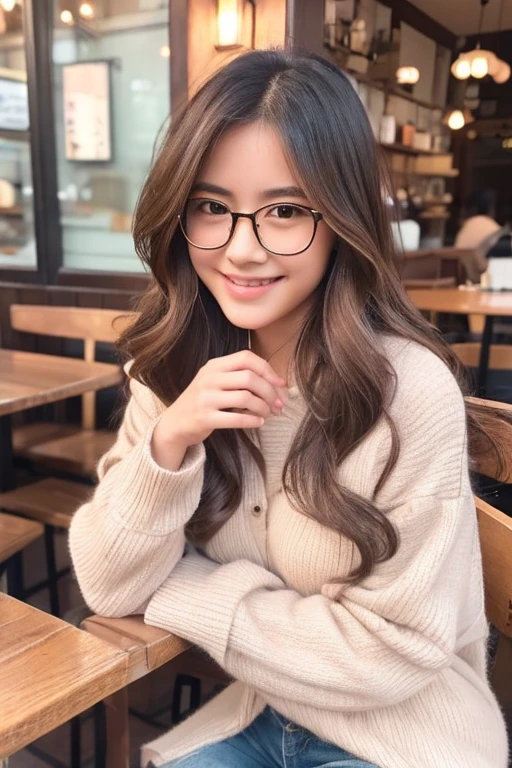 Photorealistic, high-quality 32k photo of a beautiful Japanese girl in a casual, chic outfit, with glasses, with detailed eyes and a charming smile, seated at a cozy café,her hair styled in a soft wave