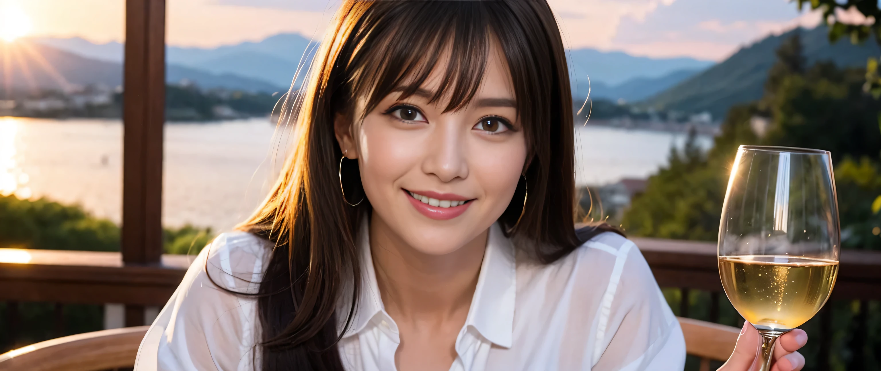 ((highest quality、8k、masterpiece:1.3))、Beautiful woman perfect body:1.4、Beautiful mature woman、Two women who love wine、One Man、Slim body、((Bob Hale、Straight hair:1.2))、 Ultra-high resolution, Bright image、Beautiful Face, blue eyes, Beautiful Eyes, The light shines on your face, Blushing your nose, short hair,Amazing view of the sunset sky and clouds、Amazing mountain views、A bright smile、A lovely woman with a smile、Bright Face、Fox face、Lady、Champagne、Wine bottle、wine glass、red wine 、Appetizers、Italian food、Two beauties、Brown Hair、Shortcuts、Long sleeve shirt、Winter Fashion、dress、Wine bottle、sparkling wine、Pretty Woman 1, (Slim face), (Brown Hair), (Shortcuts), cheeks turn a little red, (36 years old), 39 years old, Attractive beauty、restaurant, Nova Frog Style, actress, model, Upper Body, White wine, slim, wine glass, A wine glass placed in the middle, smile, (smile: 1.15), Beautiful Eyes, Strong light and shadow,Moist Body:1.5、Delicate eyes、Brown Hair、The hair is very shiny、