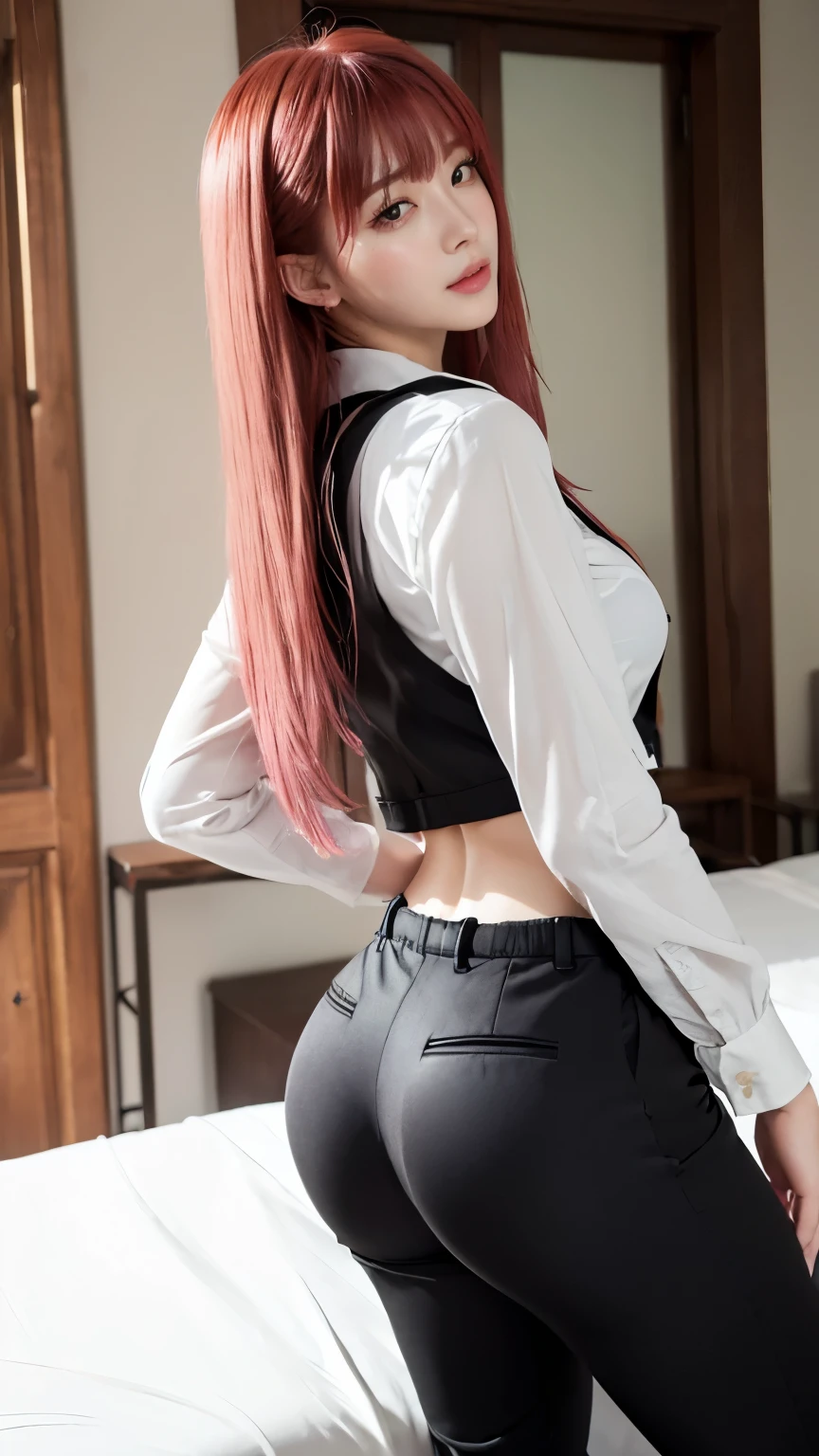 Highest quality、Ultra-high resolution、RAW shooting、((Turn around and look back))、Professional Lighting、Detailed Background、coastal、Full Body、Makima、25-year-old female、(High tone cherry pink hair)+(Long Hair)+(bangs)、(Yellow Eyes)、White see-through shirt,(Black trousers:1.5)、Huge breasts that look like they might burst、Modest abdominal muscles、Big Ass、Big thighs、A sloppy smile、Close your mouth、(Sweaty skin)、(Ass View)、Walk on all fours