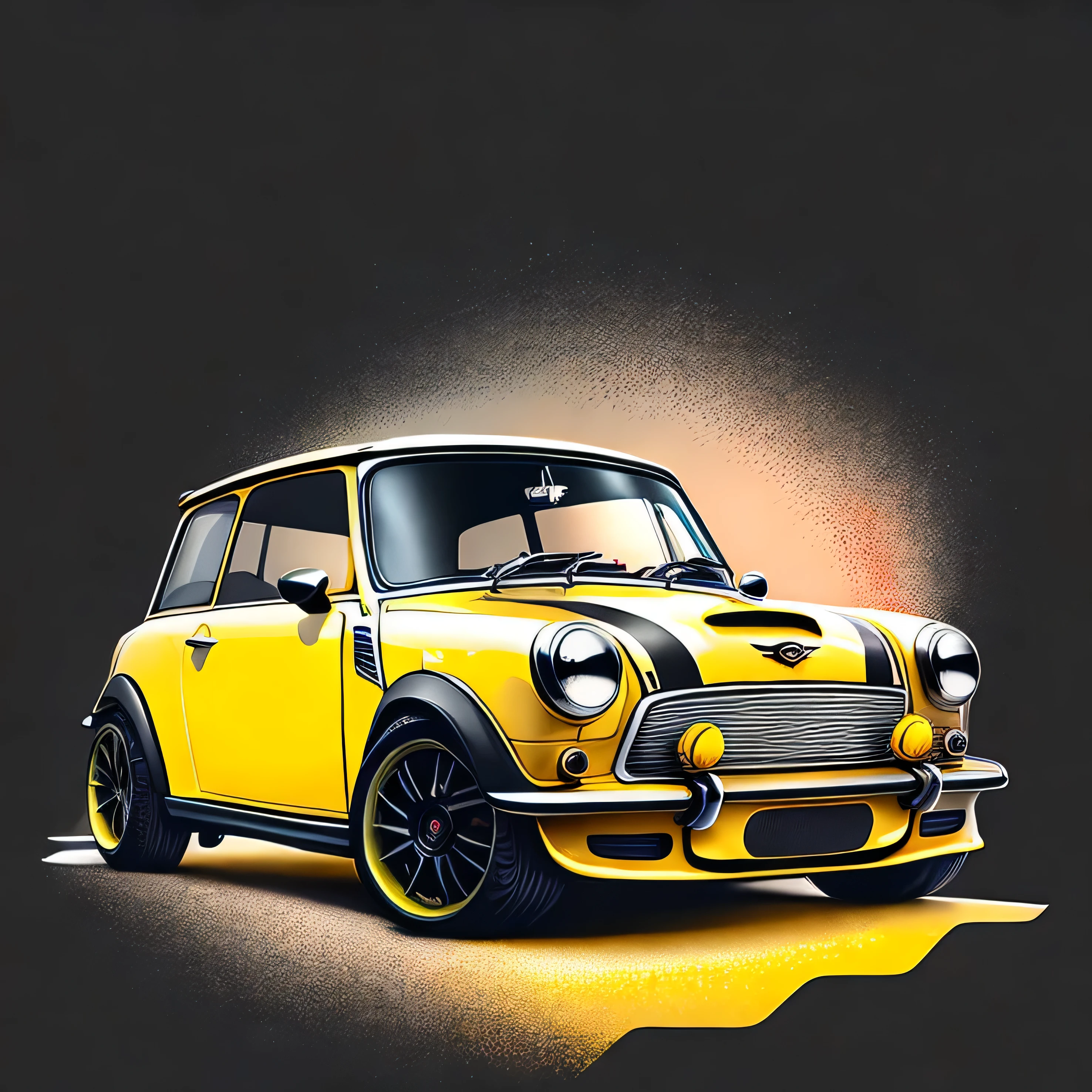 Artwork for t-shirt graphic design, a modern graphic design, classic Mini Cooper S , street, bold yellow colour, background in vintage pastel tone, highly detailed clean, vector image, realistic masterpiece, professional photography, realistic car, car sunrise background, flat black background, isometric, vibrant vector