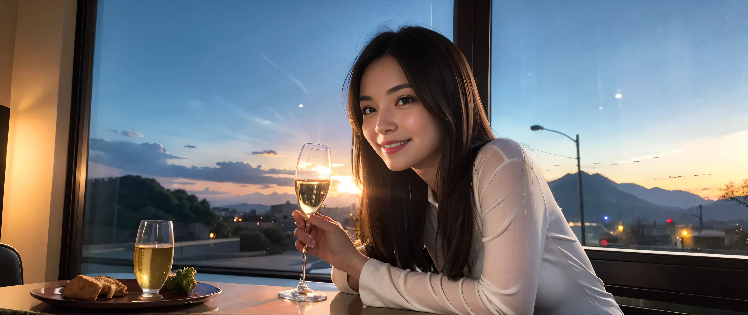 ((highest quality、8k、masterpiece:1.3))、Sharp focus:1.2、Beautiful woman perfect body:1.4、Slim body、((Bob Hale、Straight hair:1.2))、(to be born, highest quality, masterpiece:1.5), (Realistic, Intricate details:1.2), Ultra-high resolution, Put the light on your face、Amazing view of the sunset sky and clouds、Amazing mountain views、A bright smile、wine glass、red wine 、Appetizers、Italian food、Wine bottle、Champagne、sparkling wine、, Beautiful Face, blue eyes, The light shines on your face, Blushing, short hair,Bright Face、Fox face、 (36 years old), 39 years old, Lady、Two beauties、Brown Hair、Shortcuts、Long sleeve shirt、dress、Pretty Woman 1, (Slim face), (The body is slim), (Brown Hair), (Shortcuts), cheeks turn a little red,Attractive beauty、, Out of the window, A beautiful and detailed night view unfolds.........., restaurant, In a prominent place (From the waist up) Nova Frog Style, actress, model, Upper Body, White wine, slim, wine glass, A wine glass placed in the middle, smile, (smile: 1.15), Beautiful fine grain, Depth f/2,saturation, High Contrast, Strong light and shadow,Moist Body:1.5、3D texture、Delicate eyes、Brown Hair、The hair is very shiny、