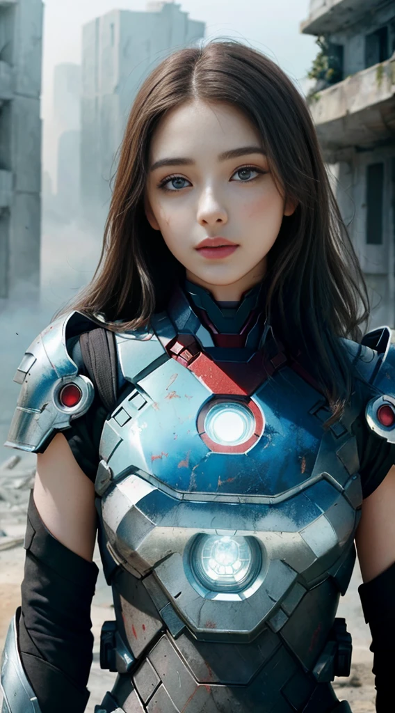 (1girl:1.3), Solo, (((Very detailed face)))), ((Very detailed eyes and face)))), Beautiful detail eyes, Body parts__, Official art, Unified 8k wallpaper, Super detailed, beautiful and beautiful, beautiful, masterpiece, best quality, original, masterpiece, super fine photo, best quality, super high resolution, realistic realism, sunlight, full body portrait, amazing beauty, dynamic pose, delicate face, vibrant eyes, (from the front), She wears an Iron Man suit, red and black color scheme, war armor, very detailed war ruins background, detailed face, detailed complex busy background, messy, gorgeous, milky white, highly detailed skin, realistic skin details, visible pores, clear focus, volumetric fog, 8k uhd, DSLR, high quality, film grain, fair skin, photo realism, lomography, futuristic dystopian megalopolis, seen from below, translucent
