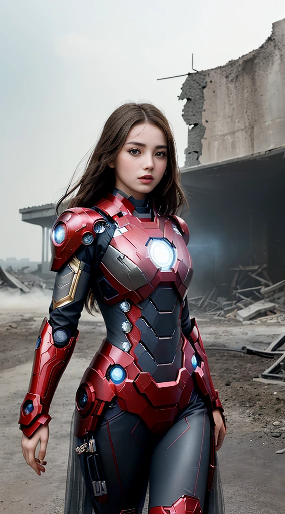 (1girl:1.3), Solo, (((Very detailed face)))), ((Very detailed eyes and face)))), Beautiful detail eyes, Body parts__, Official art, Unified 8k wallpaper, Super detailed, beautiful and beautiful, beautiful, masterpiece, best quality, original, masterpiece, super fine photo, best quality, super high resolution, realistic realism, sunlight, full body portrait, amazing beauty, dynamic pose, delicate face, vibrant eyes, (from the front), She wears an Iron Man suit, red and black color scheme, war armor, very detailed war ruins background, detailed face, detailed complex busy background, messy, gorgeous, milky white, highly detailed skin, realistic skin details, visible pores, clear focus, volumetric fog, 8k uhd, DSLR, high quality, film grain, fair skin, photo realism, lomography, futuristic dystopian megalopolis, seen from below, translucent
