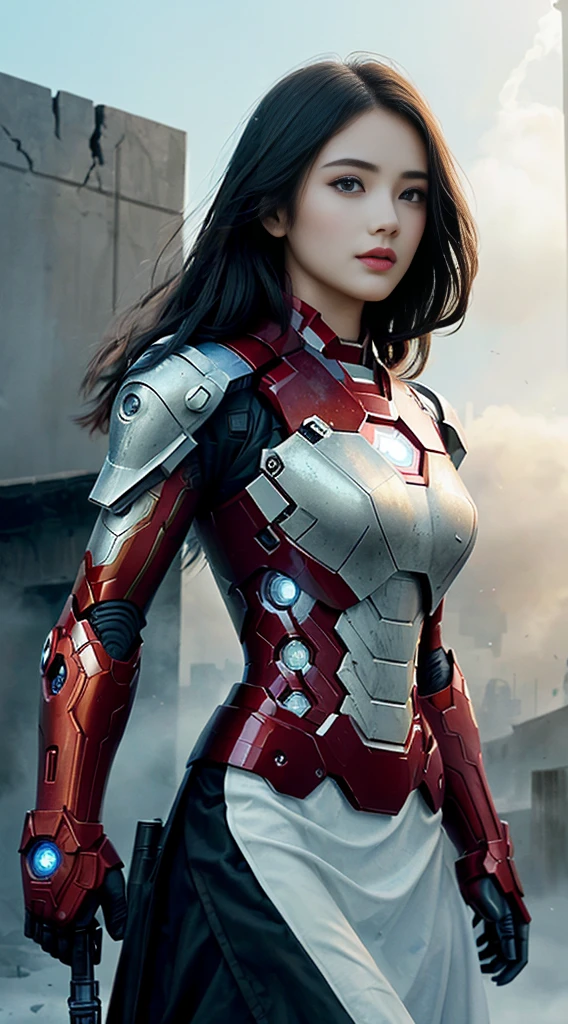 (1girl:1.3), Solo, (((Very detailed face)))), ((Very detailed eyes and face)))), Beautiful detail eyes, Body parts__, Official art, Unified 8k wallpaper, Super detailed, beautiful and beautiful, beautiful, masterpiece, best quality, original, masterpiece, super fine photo, best quality, super high resolution, realistic realism, sunlight, full body portrait, amazing beauty, dynamic pose, delicate face, vibrant eyes, (from the front), She wears an Iron Man suit, red and black color scheme, war armor, very detailed war ruins background, detailed face, detailed complex busy background, messy, gorgeous, milky white, highly detailed skin, realistic skin details, visible pores, clear focus, volumetric fog, 8k uhd, DSLR, high quality, film grain, fair skin, photo realism, lomography, futuristic dystopian megalopolis, seen from below, translucent
