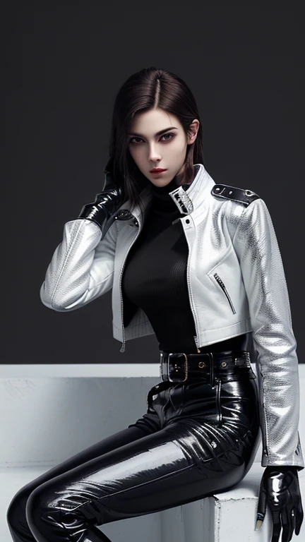 Final Fantasy-style graphics, 若くキュートでクールな日本の男の子と女の子のCouple,Thin eyebrows and big eyes, Both are wearing shiny white single-breasted leather jackets........。Biker style leather jacket、 with epaulettes, The jacket is zipped up, The jacket pockets are black., The jacket has a high stand-up collar with a belt, Also wearing a black turtleneck, 男の子はBlack Leather Pantsを履いている,The girl is wearing black leather shorts and black pantyhose、 Both of them are wearing thin black leather gloves on their hands., Black leather knee-high lace-up boots, ((View your entire body from head to toe)) , Final Fantasy Style、((Handsome Men and Beautiful Women))、(((men and women))、((Couple))、((good looking))、((Year: 20-year-old))、((good looking))、((Clear eyes and nose))、((Shiny white single leather jacket))、((The jacket must be white.))、((The jacket has epaulettes))、((Jacket has a high stand-up collar and belt))、((The jacket has a black pocket))、((Black turtleneck shirt))、((Black Leather Pants))、((Always wear shiny black leather gloves on both hands))、((Cover the entire fingers of both hands with gloves))、((Black lace-up leather long boots))、((View full-body images from a distance))、Realistic image quality and texture、((close your eyes))、A kind smile、((The front of the jacket is closed with a zipper))、((No exposure from the neck down))、((Round face)、((Upright posture))、((Do not sit))、
