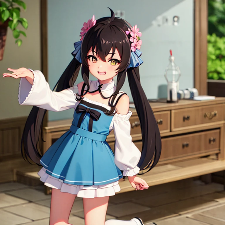 (highest quality), (masterpiece), ((beautiful:0.75) pretty girl:0.75), [Clear and clean] Pixiv (figure), (Hu Tao/(Genshin Impact/)), Red eyes, Flower-like pupils, Have, Long brown hair, bangs, Twin tails, Chinese clothing, Black shorts, Wide sleeves, Grin, Light blue dress, View, Smile at me, kind, sympathy, beautiful, He loves me wholeheartedly