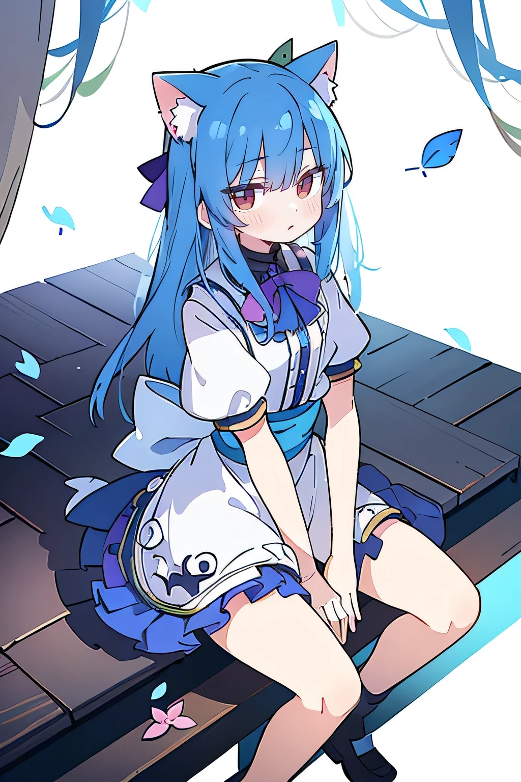 (masterpiece:1.2),ultra-detailed,realistic,expressive eyes,fair-skinned,perfectly shaped face,1girl,
Japanese cartoons,Gorgeous blue hair, flowing blue hair,floating clothes,cat ears,petals falling,beautiful Lola,Hina Angel,
hands on waist,gracefully sitting on the ground,legs crossed,gentle and serene background,cool and comfortable pavilion,shy face ,night .