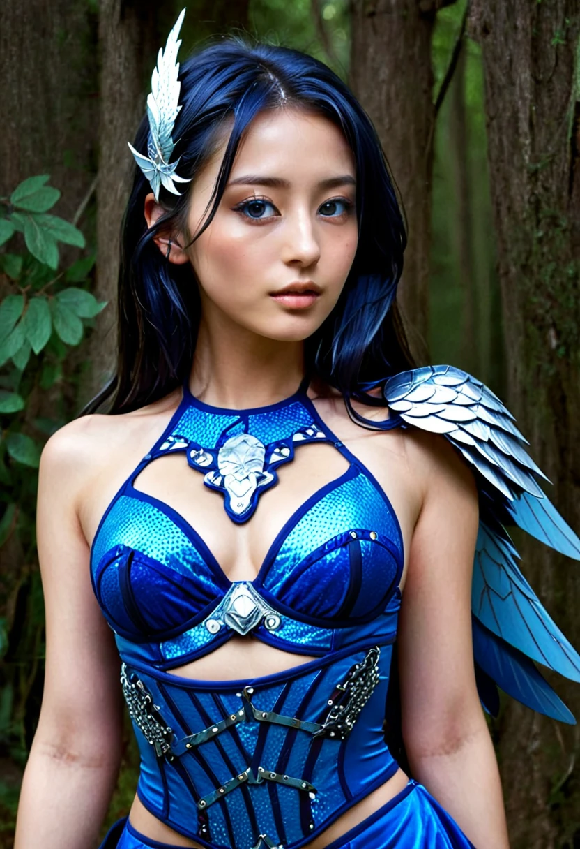 Close-up of a woman in a blue dress, Decorative dark blue clothing, Outfit with blue accents, Fantasy Costume, Blue decoration, Shamanic dark blue clothes, Blue and silver, Fantasy Dress, Glamorous bikini armor, Silver and blue colors, Bladed Wing Lacewear, Fantasy Clothing, Blue and silver colors, Fantasy style clothing, Rave Costume