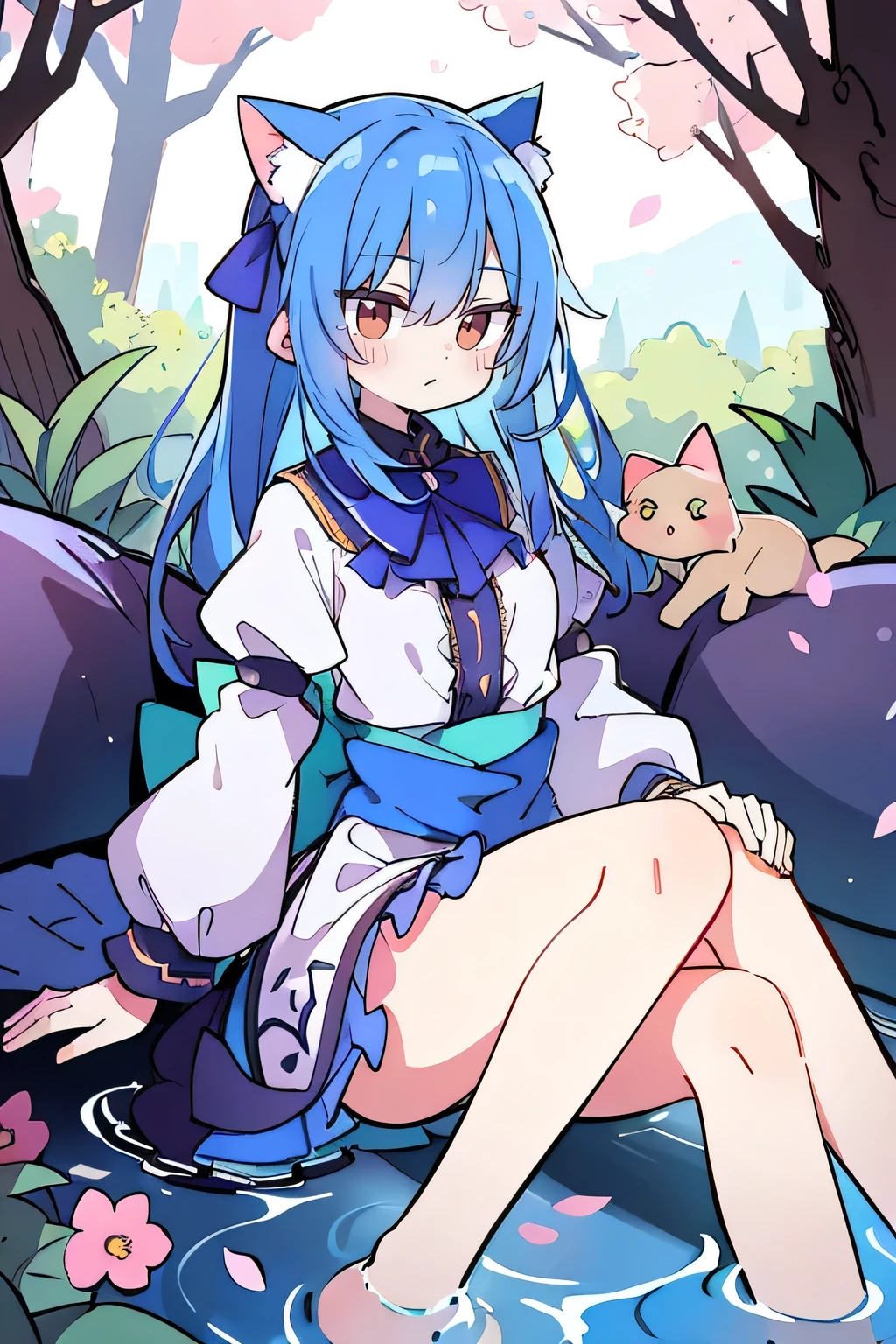 (masterpiece:1.2),ultra-detailed,realistic,expressive eyes,fair-skinned,perfectly shaped face,1girl,
Japanese cartoons,Gorgeous blue hair, flowing blue hair,floating clothes,cat ears,petals falling,beautiful Lola,Hina Angel,
hands on waist,gracefully sitting on the ground,legs crossed,gentle and serene background,cool and comfortable pavilion,shy face ,night .
