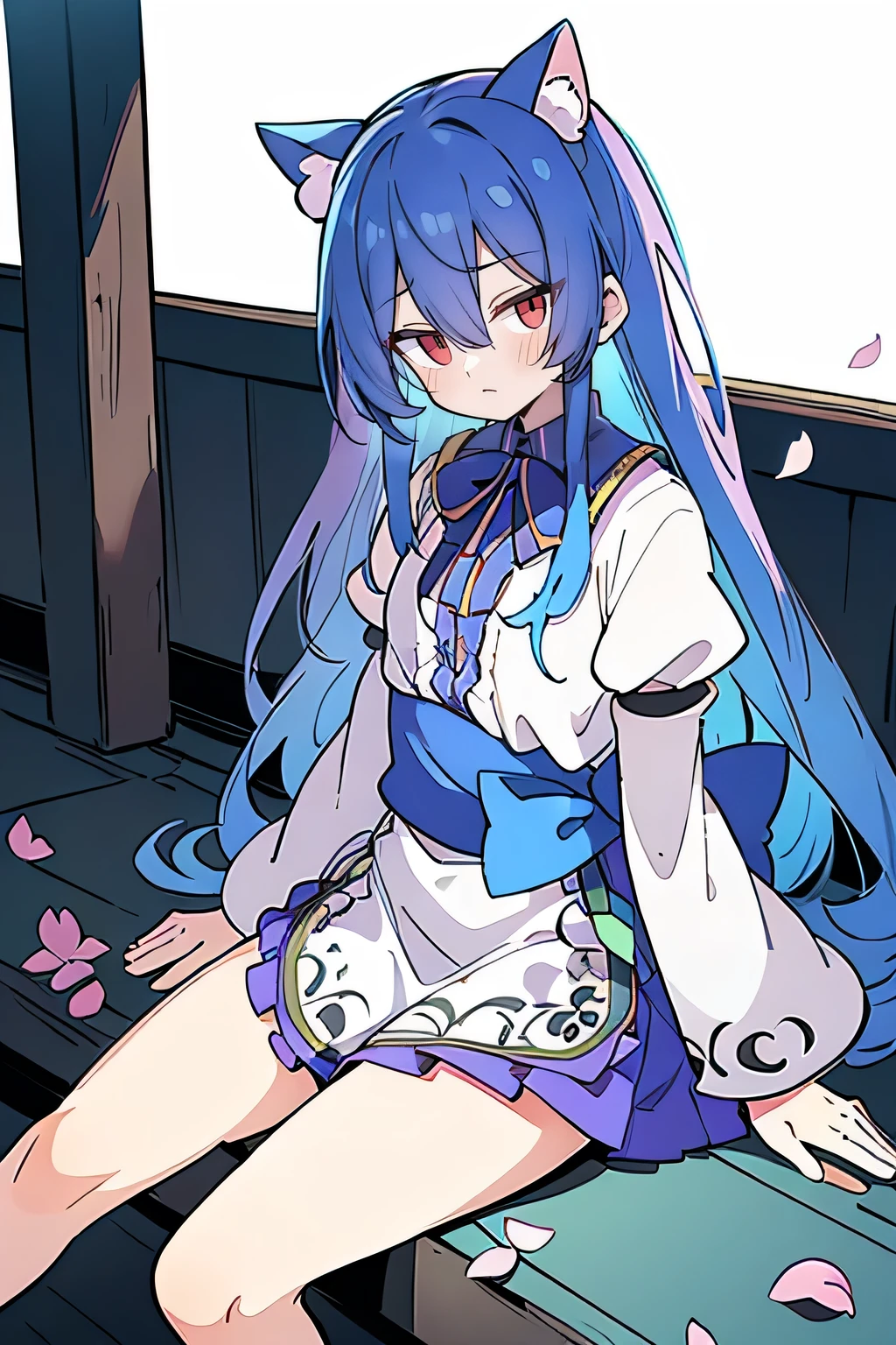 (masterpiece:1.2),ultra-detailed,realistic,expressive eyes,fair-skinned,perfectly shaped face,1girl,
Japanese cartoons,Gorgeous blue hair, flowing blue hair,floating clothes,cat ears,petals falling,beautiful Lola,Hina Angel,
hands on waist,gracefully sitting on the ground,legs crossed,gentle and serene background,cool and comfortable pavilion,shy face ,night .