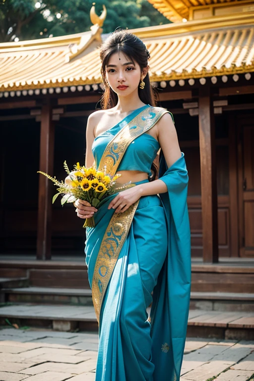 Masterpiece,Row photo, details, hyper realistic,arafed woman in a blue sari holding a plate of flowers, sukhothai costume, in style of thawan duchanee, "Loy Krathong Festival", traditional beauty, anime thai girl, south east asian with long, nivanh chanthara, traditional, thailand art, traditional art, tithi luadthong, traditional dress, traditional tai costume, traditional clothes,8K, full body shoot, lightings,so beautiful golden Temple background