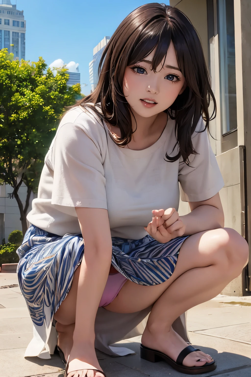 high-definition image, eyes realistic sizing, realistic skin, drooping eyes, smiling, (various patterned feminine casual long dress), (squatting and spread legs, self pleasure, highly detailed realistic texture panties), strong sunlight, old fashion, leaning forward, skyscrapers,