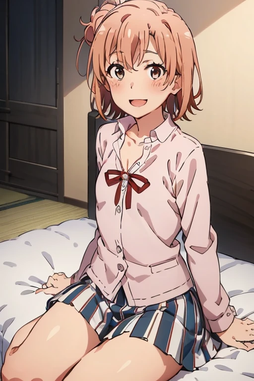 ((highest quality)), ((masterpiece)), (be familiar with), Perfect Face, indoor, Bedroom, Watching the audience,
One woman, Yuigahama Yui,
Open Mouth, Ecstatic expression, blush, smile,
Small breasts, Flat Chest, Young Girl, , , Girl,
Short Hair, Salmon-colored hair, Salmon-colored eyes, Side Pony,
Leg spread,