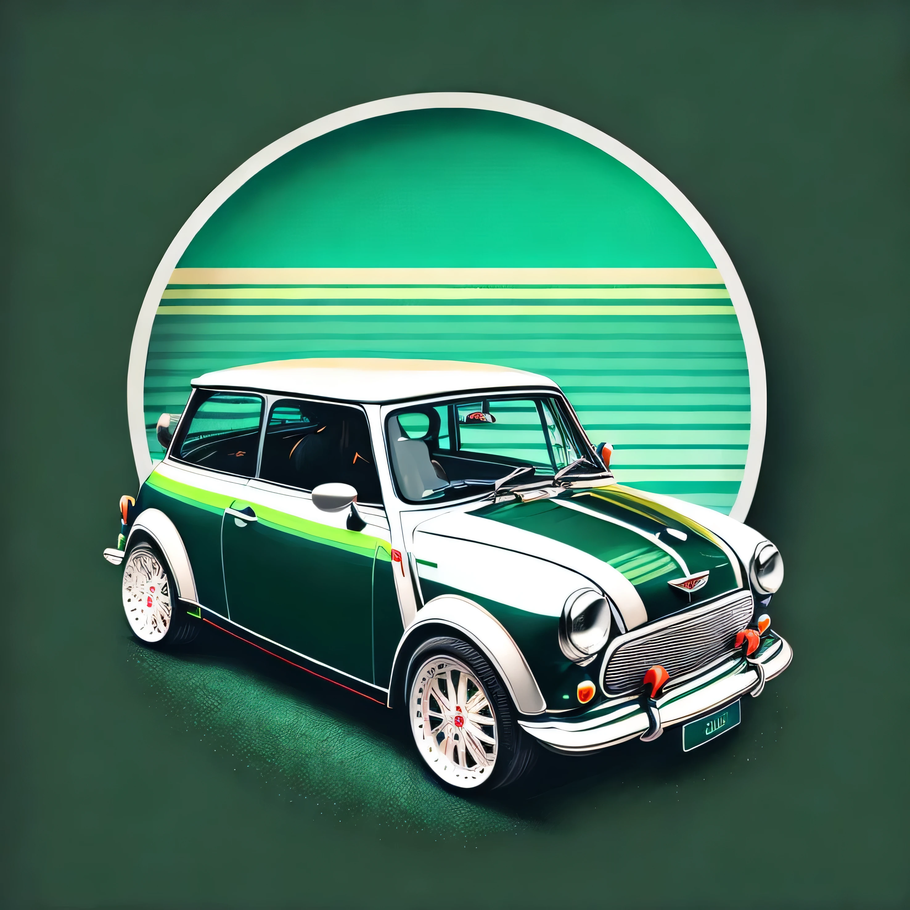 Artwork for t-shirt graphic design, a modern graphic design, classic Mini Cooper S , street, bold green with white roof colour, background in vintage pastel tone, highly detailed clean, vector image, realistic masterpiece, professional photography, realistic car, car sunrise background, flat black background, isometric, vibrant vector