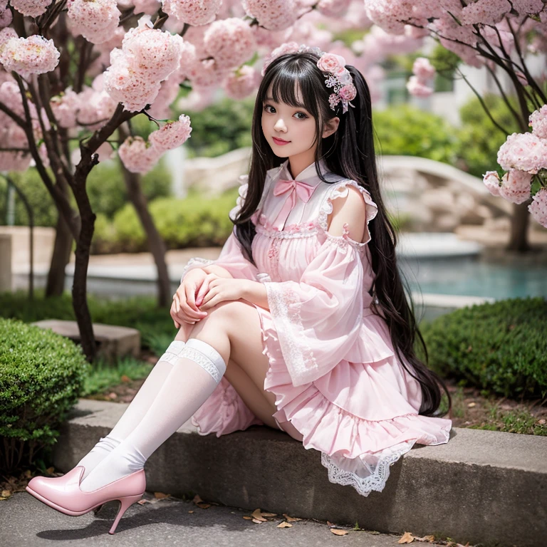 best quality, masterpiece, lifelike, 1 girl, Solitary, eternity, Black Hair, Long curly hair, Bangs, Smile, Pink skirt, Pink loli dress, layered skirt, Lolita style long skirt,分層連衣裙 Lace-trimmed 裙子, decorate, Lace, Long sleeve, Puff sleeves, Wide sleeves, Transparent sleeves, Hair accessories, 在flower园里, flower, Detailed background, Delicate face,pink blush,White,Knee socks, Pink shoes,cold,Lots of Lace,((masterpiece))、(top quality)、8k、High Detail、Ultra Detailed、 night、21 years old female,穿着Pink loli dress((Dreamy atmosphere:1.1))、Seductive and whimsical style、masterpiece、born、Scenes resembling fairy tale illustrations、Intricate details showcase the ruffles and intricate designs of the Lolita dress、fine、magic、capricious、 fine、Dreamy aesthetics、「art itself、ethereal、charming、fickle、magic」、realism、Visual effect、FXAA、SSAO、shader、voiceless、Ambient Lighting、Tone Mapping、high resolution、Ultra HD、Million pixels、(8k resolution:1.10)、8k、Below 8k、8k resolution、High Detail、Intricate details、A look of surprise and awe on her face、 (high quality:1.2、masterpiece:1.2、:1.21)、(21 years old female:1.21)、(興奮地Smile)、(Surrounded by the Dreamy atmosphere of an amusement par色洛丽塔连衣裙、Her eyes were full of surprise and joy、I took a lot of geek photos、、High heel、Mucus、The slender one、Model Diagram,full-body shot,Knee-high White Lace socks,Sweet Lolita,sitting,Normal 2 feet,Pink shoes,Baotou shoes,full-body shot