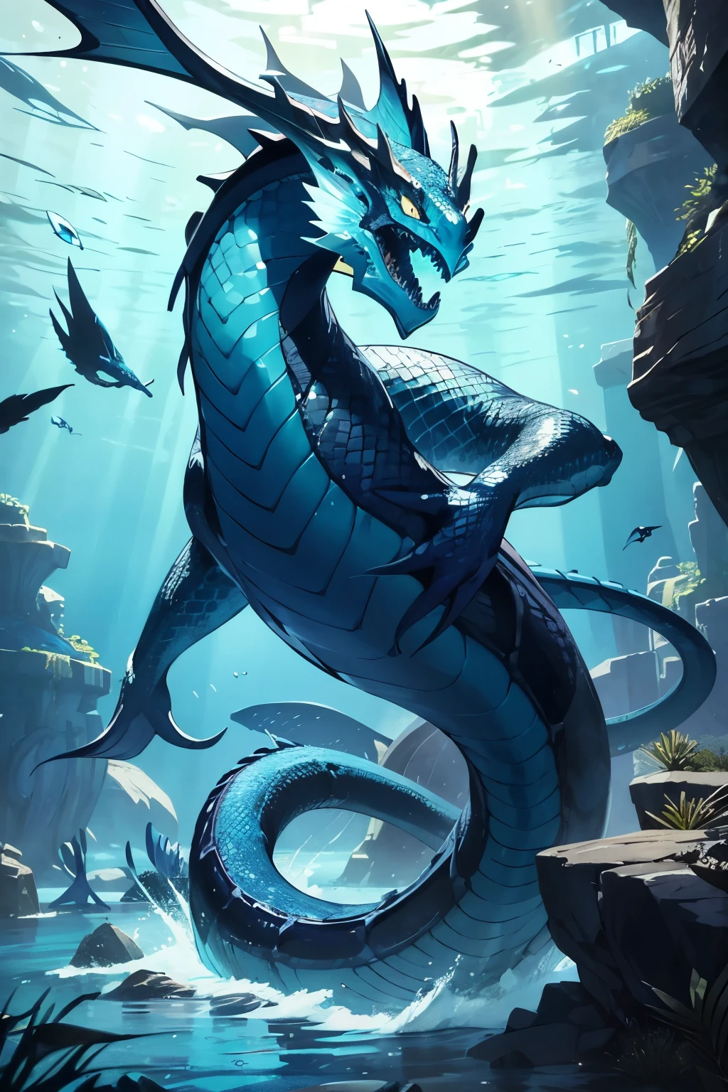 Serpentine creatures，Blue scales，Swimming in the sea，Tail Flick Attack，Underwater，The head looks a bit like a dragon，sea snake，Giant mysterious winged snake，Sea Monster，Legendary creatures，