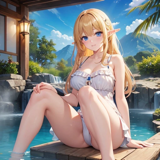 masterpiece, highest quality, High resolution, hot spring、Elf、Elevate your legs