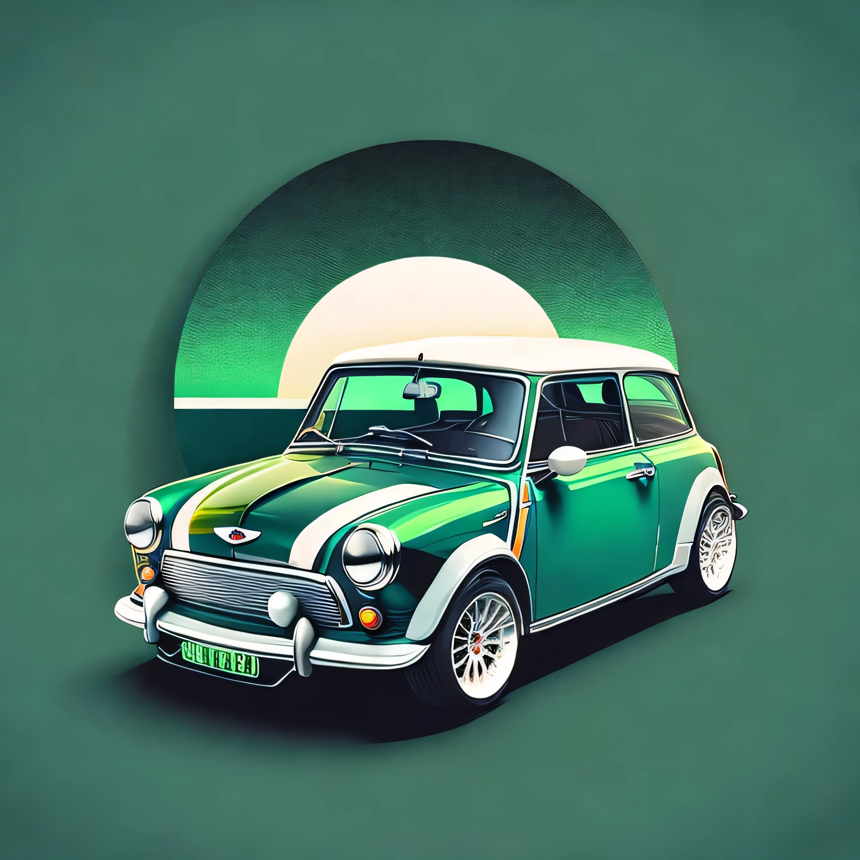 Artwork for t-shirt graphic design, a modern graphic design, classic Mini Cooper S , street, bold green with white roof colour, background in vintage pastel tone, highly detailed clean, vector image, realistic masterpiece, professional photography, realistic car, car sunrise background, flat black background, isometric, vibrant vector