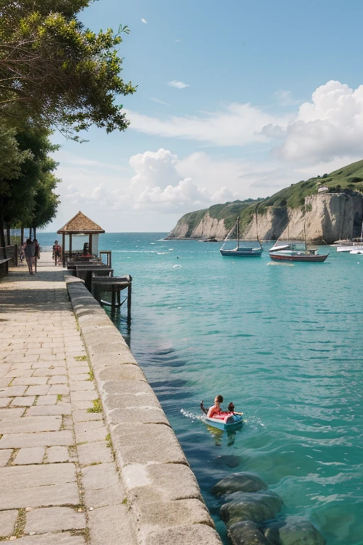 illustration on the theme of summer holidays by the sea, with people and animals