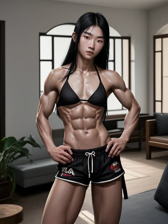 Beautiful Chinese 17 year old female, black hair, black eyes, wearing bikini top and shorts, slender chiselled abs, muscular physique of a mma fighter, bare feet, standing in living room, hands on hips, zero body fat, defined muscles, gorgeous, 8 pack abs