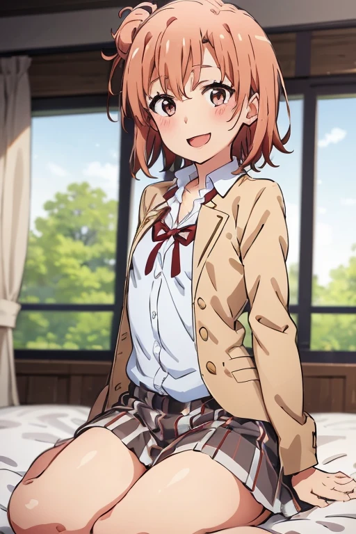 ((highest quality)), ((masterpiece)), (be familiar with), Perfect Face, indoor, Bedroom, Watching the audience,
One woman, Yuigahama Yui,
Open Mouth, Ecstatic expression, blush, smile,
Small breasts, Flat Chest, Young Girl, , , Girl,
Short Hair, Salmon-colored hair, Salmon-colored eyes, Side Pony,
Leg spread,