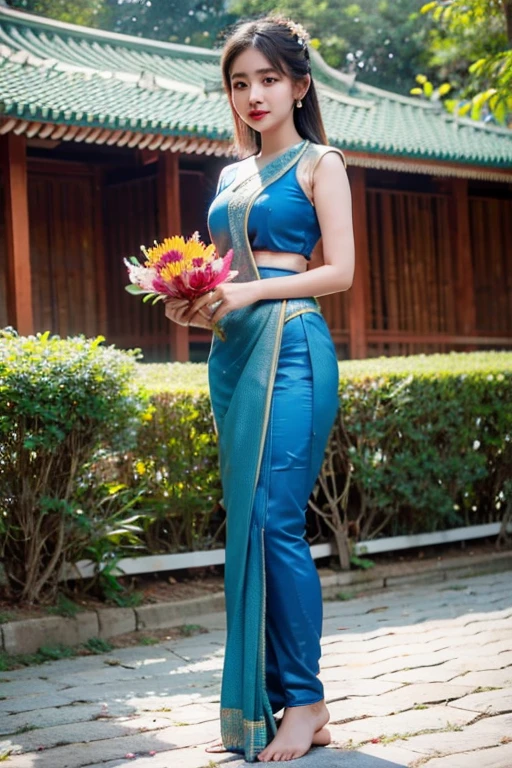 Masterpiece,Row photo, details, hyper realistic,arafed woman in a blue sari holding a plate of flowers, sukhothai costume, in style of thawan duchanee, "Loy Krathong Festival", traditional beauty, anime thai girl, south east asian with long, nivanh chanthara, traditional, thailand art, traditional art, tithi luadthong, traditional dress, traditional tai costume, traditional clothes,8K, full body shoot, lightings,so beautiful golden Temple background