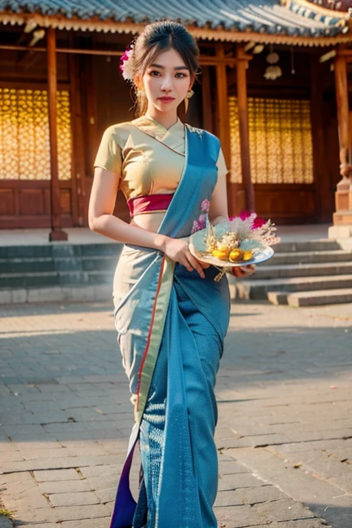 Masterpiece,Row photo, details, hyper realistic,arafed woman in a blue sari holding a plate of flowers, sukhothai costume, in style of thawan duchanee, "Loy Krathong Festival", traditional beauty, anime thai girl, south east asian with long, nivanh chanthara, traditional, thailand art, traditional art, tithi luadthong, traditional dress, traditional tai costume, traditional clothes,8K, full body shoot, lightings,so beautiful golden Temple background