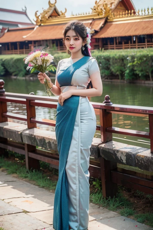 Masterpiece,Row photo, details, hyper realistic,arafed woman in a blue sari holding a plate of flowers, sukhothai costume, in style of thawan duchanee, "Loy Krathong Festival", traditional beauty, anime thai girl, south east asian with long, nivanh chanthara, traditional, thailand art, traditional art, tithi luadthong, traditional dress, traditional tai costume, traditional clothes,8K, full body shoot, lightings,so beautiful golden Temple background