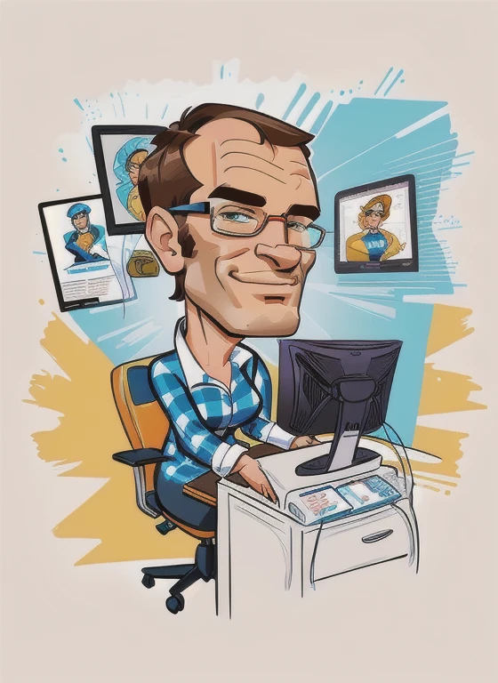 4k, Comic Babes, 2 D, cartoon of a man sitting at a desk with a computer, caricature illustration, caricature style, Harry Volk clipart style, alex, john lasseter portrait, cartoon portrait, professional illustration, caricature, in cartoon style, avatar for website , color illustration, caricature, digital color illustration, detailed illustration, David Lazar, by Melissa Benson