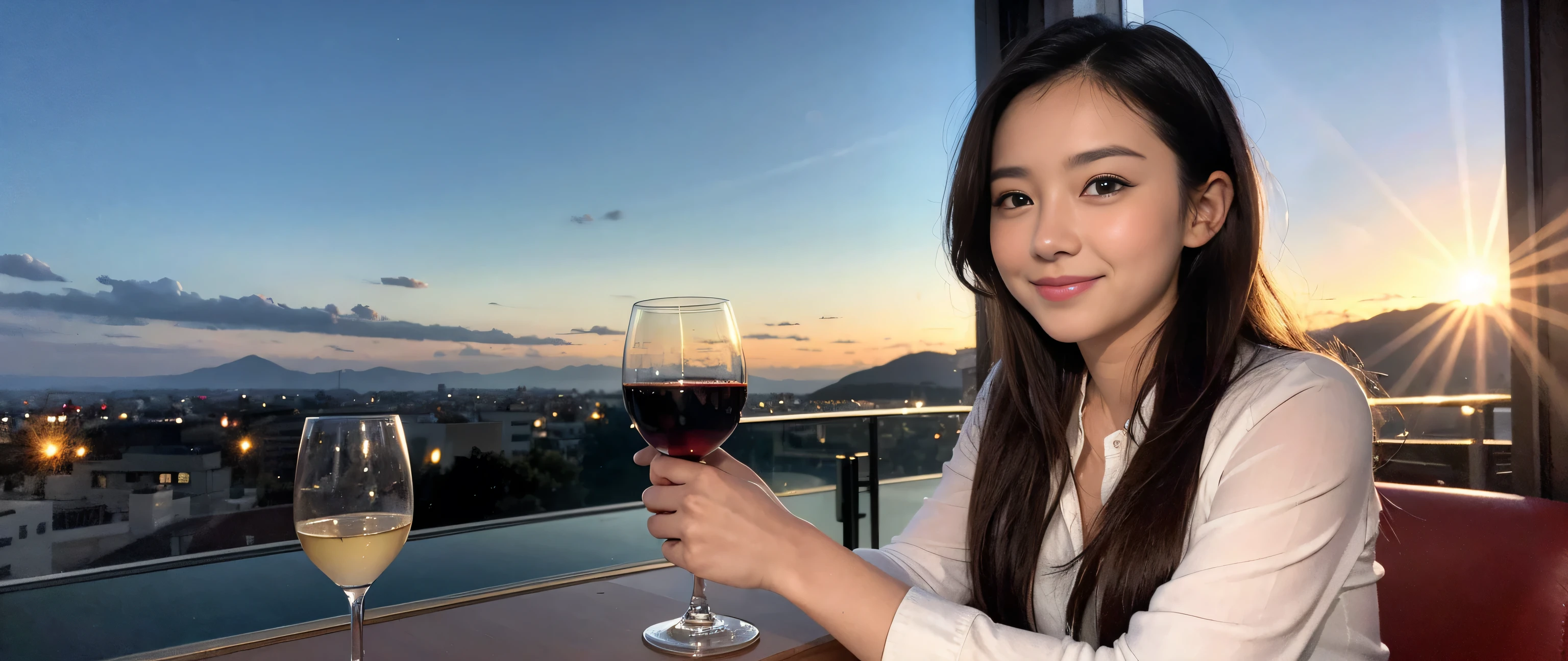 ((highest quality、8k、masterpiece:1.3))、Sharp focus:1.2、Beautiful woman perfect body:1.4、Slim body、((Bob Hale、Straight hair:1.2))、(to be born, highest quality, masterpiece:1.5), (Realistic, Intricate details:1.2), Ultra-high resolution, Please shine a light on my face、Amazing view of the sunset sky and clouds、Amazing mountain views、A bright smile、wine glass、red wine 、Appetizers、Italian food、Wine bottle、Champagne、sparkling wine、, Beautiful Face, blue eyes, The light shines on your face, Blushing, short hair,Bright Face、Fox face、 (36 years old), 39 years old, Lady、Two beauties、Brown Hair、Shortcuts、Long sleeve shirt、dress、Pretty Woman 1, (Slim face), (The body is slim), (Brown Hair), (Shortcuts), cheeks turn a little red,Attractive beauty、, Out of the window, A beautiful and detailed night view unfolds.........., restaurant, In a prominent place (From the waist up) Nova Frog Style, actress, model, Upper Body, White wine, slim, wine glass, A wine glass placed in the middle, smile, (smile: 1.15), Beautiful fine grain, Depth f/2,saturation, High Contrast, Strong light and shadow,Moist Body:1.5、3D texture、Delicate eyes、Brown Hair、The hair is very shiny、