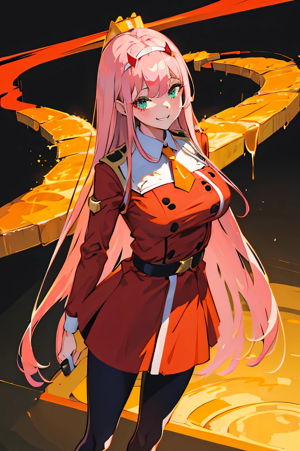 zero two \(darling in franxx\), darling in franxx, 1woman, smiling, sitting, bangs, biting, shadow, green eyes, hair behind head, horns, long hair, makeup, small breasts, red dress, orange tie, black buttons, belt, pantyhose, big thighs, pink hair, red eyeshadow, detailed background, bed, bedroom