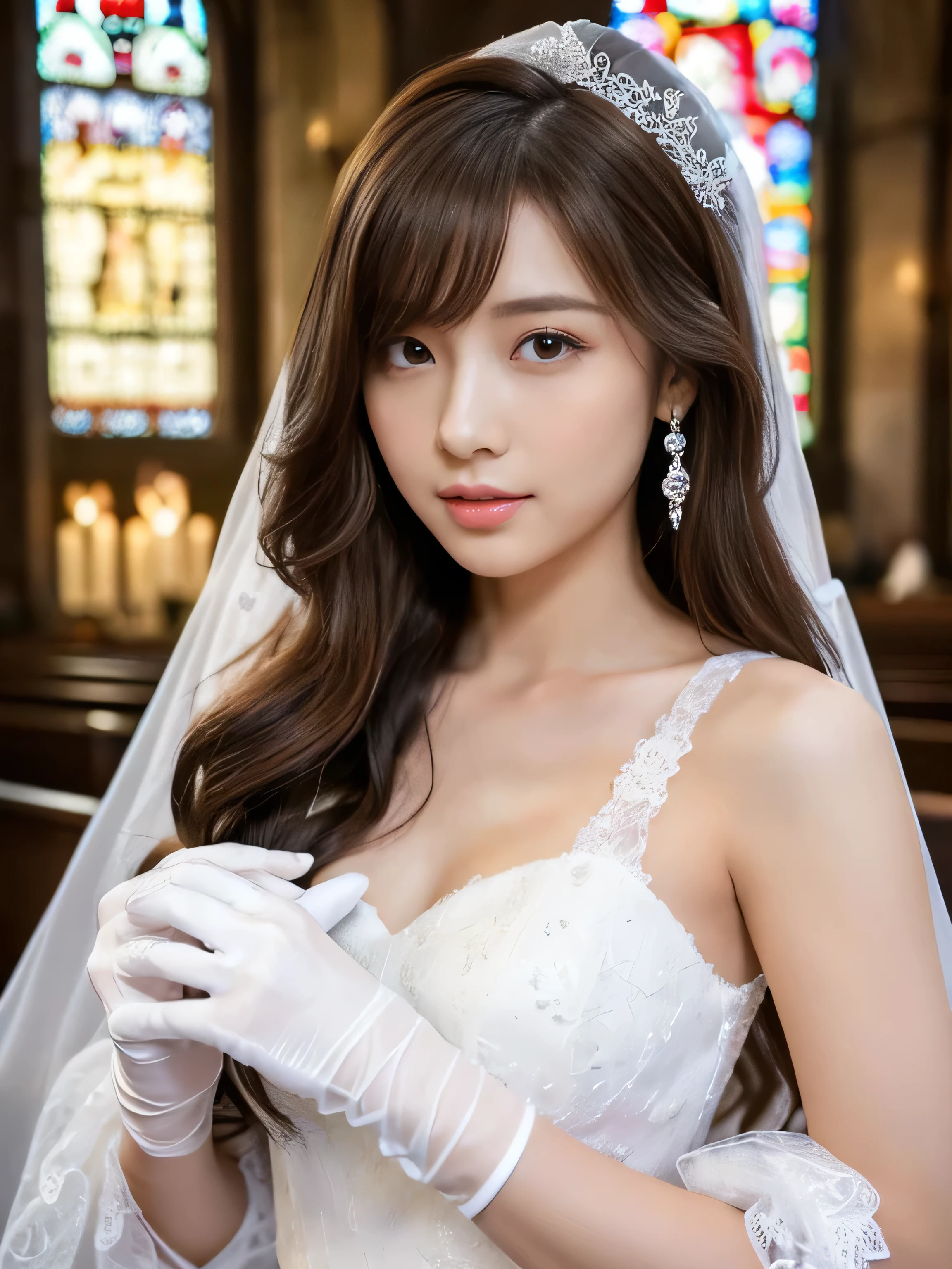 (realistic, photo-realistic:1.4), (masterpiece,best quality:1.2), RAW photo, high resolution, intricate details, extremely detailed, insanely detailed, incredibly detailed, finely detailed, delicate, amazing, lewd, gorgeous, looking at viewer, hetero, couple, 1girl, a 26 years old Japanese woman, (large breasts), (cowgirl position, leaning back, imminent penetration:1.8),
lewd girl, cute face, sexy body, dark hair, detailed face, detailed eyes, pale skin, fine-textured skin, sweaty, shiny skin, (cheerful grin, smile, parted lips), (white clothes, wedding dress, wedding headdress, choker, white silk-thighhigh, open crotch:1.4), BREAK, 1boy wearing a wedding suit with lying on a floor, BREAK, photo background, indoors, (church, stained glass, wedding ceremony:1.2),,