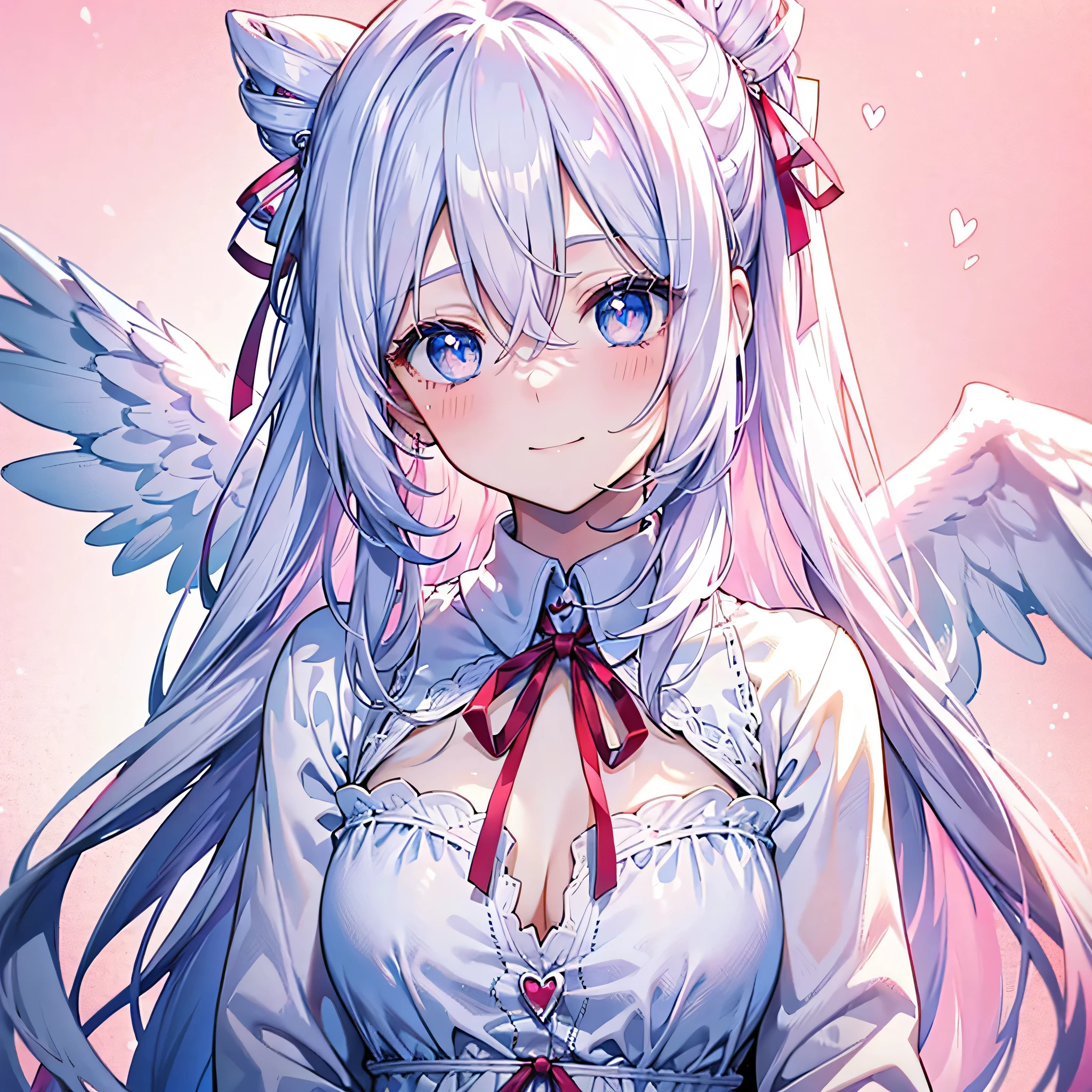Alone, Pretty woman with long white hair and blue eyes、20-year-old、Face close-up、A big, embarrassed smile、blush、Angel wings on the back、White dress、Red ribbon on chest、Pink Wallpaper、Pop Heart Background