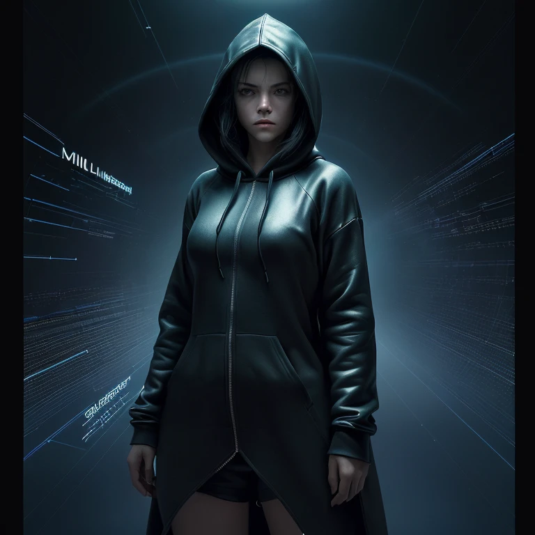 (((medium full shot))), (Masterpiece, best quality, ultra-detailed:1.3), (nice hands, perfect hands), official art, cinematic light, (1girl:1.3), adult, image of a mysterious female figure wearing a milkway supercluster hoodie, with their face obscured by shadow, standing in front of a digital background of flowing blue code, similar to the 'Matrix' movie visualization. The hoodie should have visible texture details such as folds and seams. The digital code should create a dynamic contrast of light and dark, with some areas appearing almost white and others much darker. The overall mood of the image should be dark and enigmatic