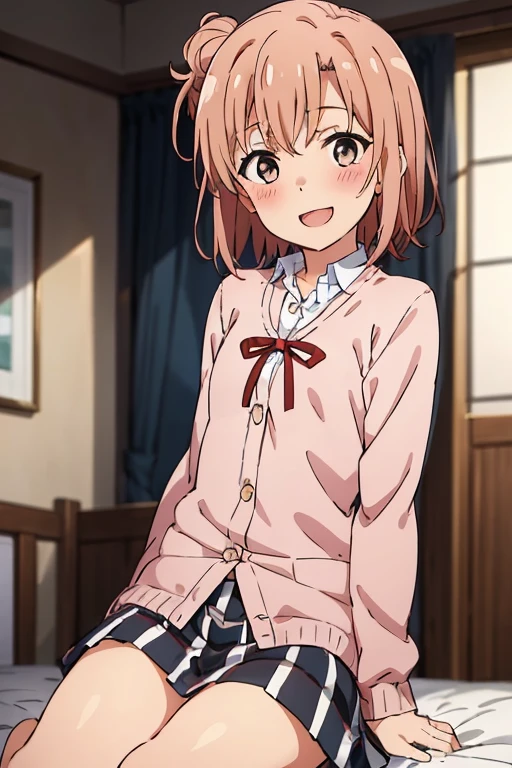 ((highest quality)), ((masterpiece)), (be familiar with), Perfect Face, indoor, Bedroom, Watching the audience,
One woman, Yuigahama Yui,
Open Mouth, Ecstatic expression, blush, smile,
Small breasts, Flat Chest, Young Girl, , , Girl,
Short Hair, Salmon-colored hair, Salmon-colored eyes, Side Pony,
Leg spread,