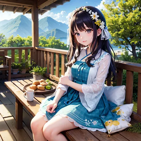 (ocean view) the girl inside(calm) country garden, lush greenery and vibrant flowers々surrounded by. she(wooden bench) and a(soft...