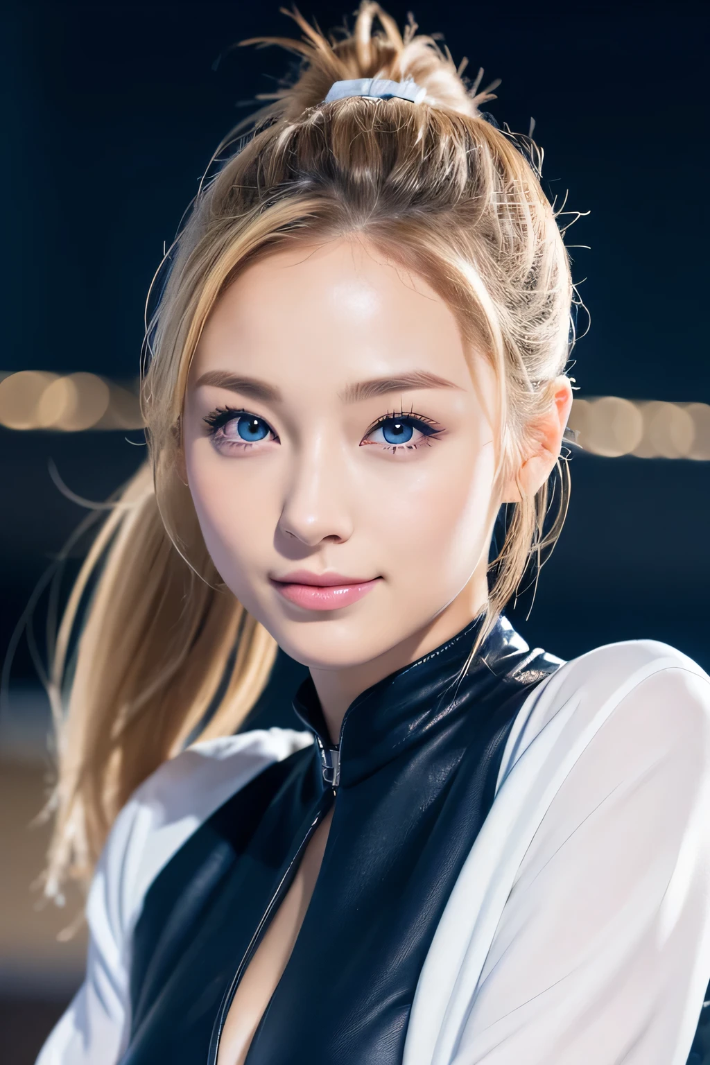 Japanese、Gal、Blonde、Blue Eyes Table Top, highest quality, figure, Very detailed, In detail, High resolution, 8k wallpaper, Perfect dynamic composition, Beautiful fine details, Down jacket,ponytail,Small Breasts Natural Color Lip, Bold sexy pose,smile、20-year-old girl、cute、sexy shot looking at camera,RAW Photos,Perfect and beautiful face,Beautifully detailed face、Night Sky