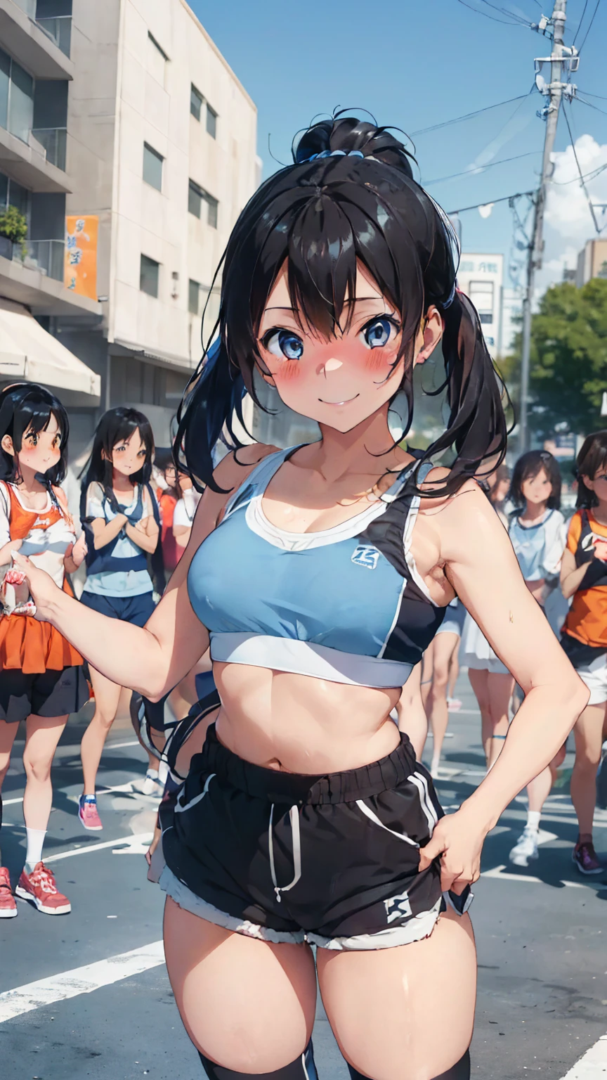 1 female,Black Hair,((12 years old)),(((White and blue sports bra and shorts)))(((blush、smile)),(((Yuki Mikan))),crowd(Girl&#39;s body type)(((Small breasts)))Sexy pose,Outdoor Playground