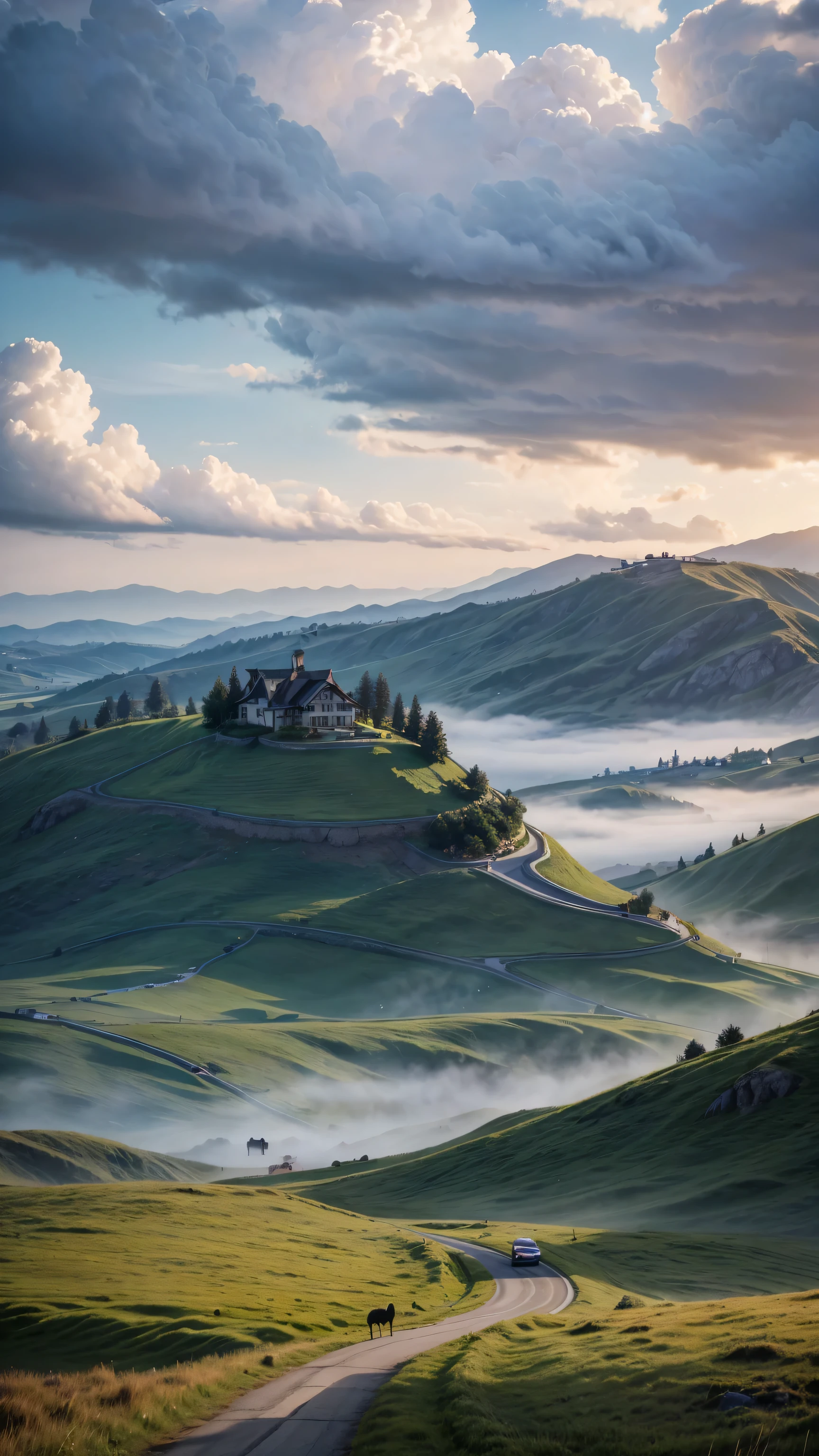 best quality, masterpiece, Ultra-high resolution, (realism: 1.4), Oil painting style, Movie Lighting, There are a few houses scattered on the endless grassland., I stood on the empty asphalt road and watched it, Fairy Mountain is foggy, Cranes flying