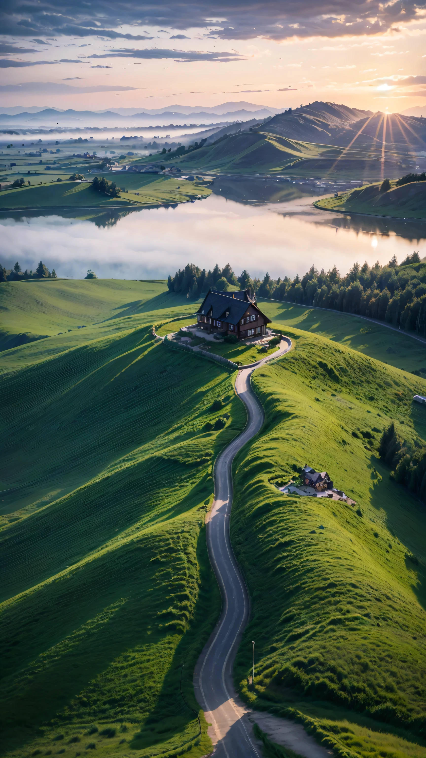 best quality, masterpiece, Ultra-high resolution, (realism: 1.4), Oil painting style, Movie Lighting, There are a few houses scattered on the endless grassland., I stood on the empty asphalt road and watched it, Fairy Mountain is foggy, Cranes flying