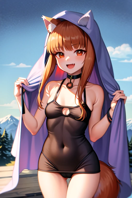 (holo:1.5), (holoCoat:1.5), SFW, 1girl, looking at viewer, standing, upper body, leaning forward, outdoors, forest, snow, (( under boob )), small chested ,(( small thin green cotton underwear)),  open mouth, fang, smile, invisible tank top, top less,  ( ear ring, tight choker, short tail, nervous, smile, shaking motion lines), (wincing), nipple outlines,  small clothes,