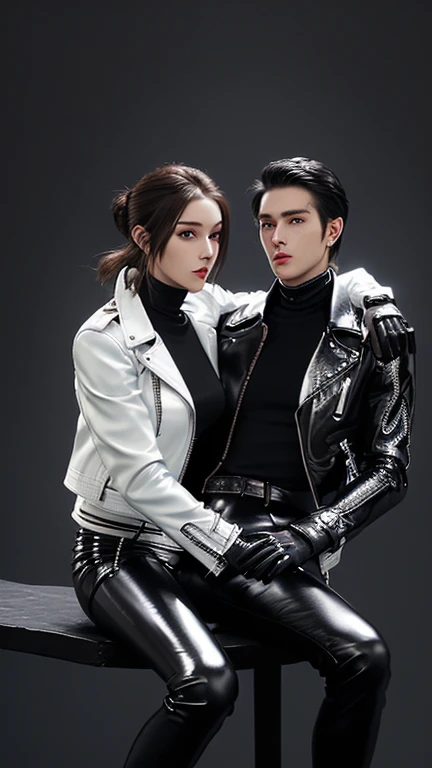 Final Fantasy-style graphics, 若くキュートでクールな日本の男の子と女の子のCouple,Thin eyebrows and big eyes,   Both are wearing shiny white single-breasted leather jackets........。Biker style leather jacket、 with epaulettes,  The jacket is zipped up, The jacket pockets are black., The jacket has a high stand-up collar with a belt, Also wearing a black turtleneck, 男の子はBlack Leather Pantsを履いている,The girl is wearing black leather shorts and black pantyhose、 Both of them are wearing thin black leather gloves on their hands., Black leather knee-high lace-up boots, ((View your entire body from head to toe)) , Final Fantasy Style、((Handsome Men and Beautiful Women))、(((men and women))、((Couple))、((good looking))、((Year: 20-year-old))、((good looking))、((Clear eyes and nose))、((Shiny white single leather jacket))、((The jacket must be white.))、((The jacket has epaulettes))、((Jacket has a high stand-up collar and belt))、((The jacket has a black pocket))、((Black turtleneck shirt))、((Black Leather Pants))、((Always wear shiny black leather gloves on both hands))、((Cover the entire fingers of both hands with gloves))、((Black lace-up leather long boots))、((View full-body images from a distance))、Realistic image quality and texture、((close your eyes))、A kind smile、((The front of the jacket is closed with a zipper))、((No exposure from the neck down))、((Round face)、((Upright posture))、((Do not sit))、