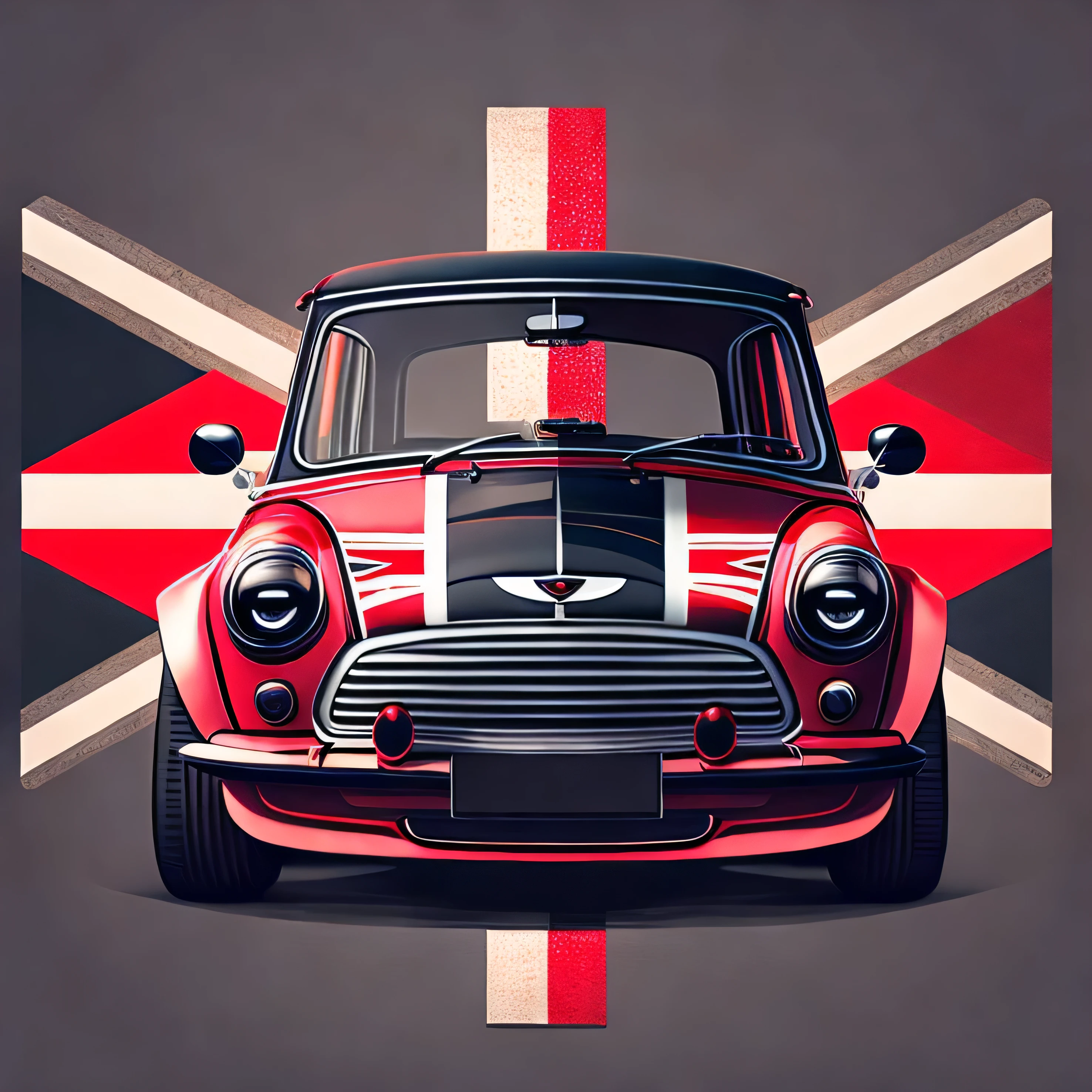 Artwork for t-shirt graphic design, a modern graphic design, classic Mini Cooper S , street, bold red with union jack roof, background in vintage pastel tone, highly detailed clean, vector image, realistic masterpiece, professional photography, realistic car, car sunrise background, flat black background, isometric, vibrant vector