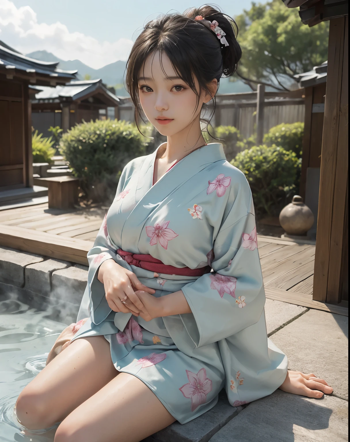 masterpiece, highest quality, Realistic, 1 girl, Open-air hot spring, Yukata figure, I&#39;My yukata got wet and became transparent..., Wear a yukata and enter the hot springs, Back view, Yukata soaked wet, woman wearing yukata, Beautiful long hair, Big Ass, , Realistic美しいlegs, private&#39;Iの胸は大きいです, Sit with your legs wide apart, barefoot, Protruding nipples, Iの全身は泡で覆われていました., A well-trained body, Abdominal muscles, Professional Lighting, Glowing Skin, Full body photo including legs