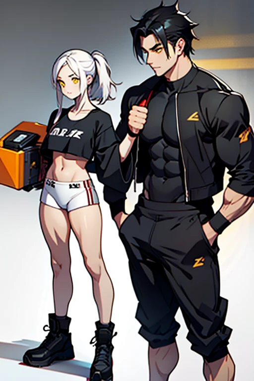 An image of an older brother showing his younger sister how to box girl normal breasts black hair yellow eyes pale skin big thighs man slim defined muscle 