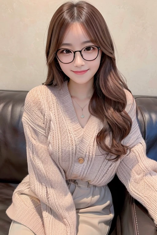 Photorealistic, high-quality 32k photo of a beautiful Japanese girl in a casual, chic outfit, with glasses, with detailed eyes and a charming smile, seated at a cozy couch,her hair styled in a soft wave,brown pink hair