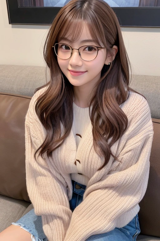 Photorealistic, high-quality 32k photo of a beautiful Japanese girl in a casual, chic outfit, with glasses, with detailed eyes and a charming smile, seated at a cozy couch,her hair styled in a soft wave,brown pink hair