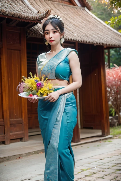 Masterpiece,Row photo, details, hyper realistic,arafed woman in a blue sari holding a plate of flowers, sukhothai costume, in style of thawan duchanee, "Loy Krathong Festival", traditional beauty, anime thai girl, south east asian with long, nivanh chanthara, traditional, thailand art, traditional art, tithi luadthong, traditional dress, traditional tai costume, traditional clothes,8K, full body shoot, lightings,so beautiful golden Temple background
