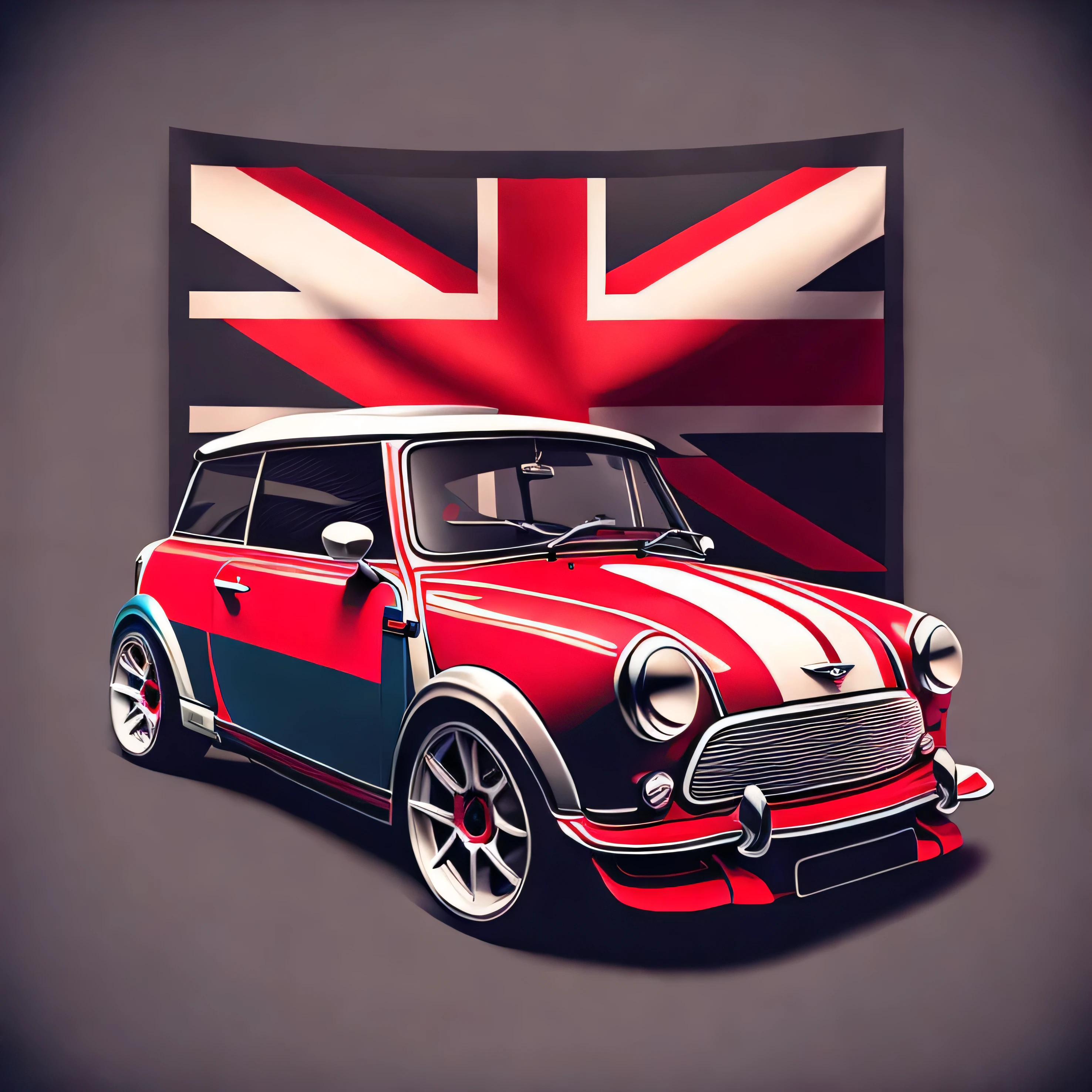 Artwork for t-shirt graphic design, a modern graphic design, classic Mini Cooper S , street, bold red with union jack roof, background in vintage pastel tone, highly detailed clean, vector image, realistic masterpiece, professional photography, realistic car, car sunrise background, flat black background, isometric, vibrant vector